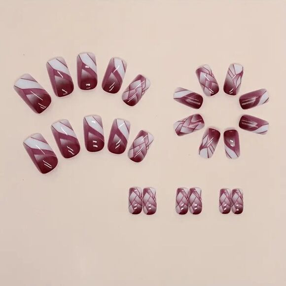 False Nails 24 Piece Burgundy wine white medium length square tip press on nails - Picture 2 of 8